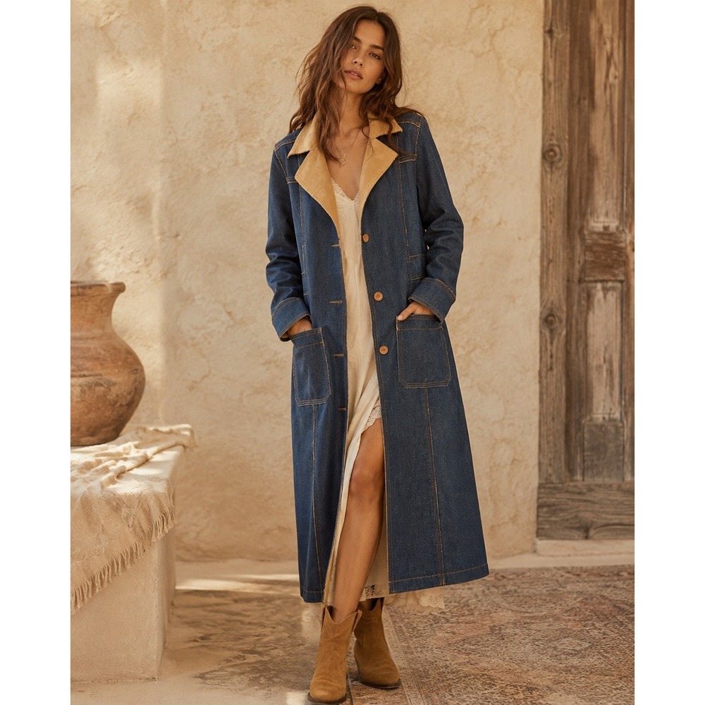 Moutif Womens Blue Denim Duster Longline Jacket Faux Shearling Collar Size Small
